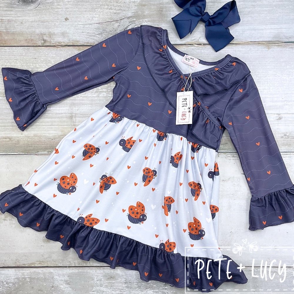 Pete + Lucy Girl's In Love With Ladybugs Long Sleeve Ruffle Dress